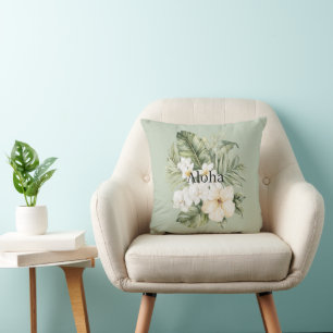 Tropical Green Leaves White Hibiscus Orchids Throw Pillow