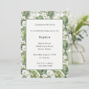Tropical Green Leaves White Orchids Birthday Invitation