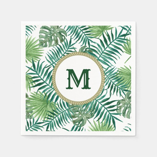 Tropical Green Leaves with Custom Monogram Napkins (Front)