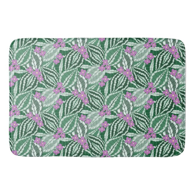 Tropical Green leaves with purple flowers  Bath Mat (Front)