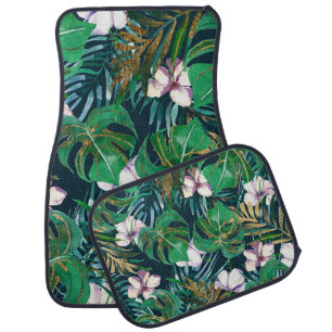 Tropical Green Lilac Gold Monster Leaves Floral Car Floor Mat