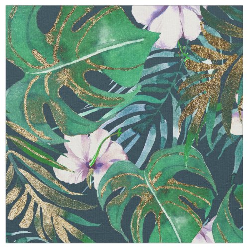 Tropical Green Lilac Gold Monster Leaves Floral Fabric