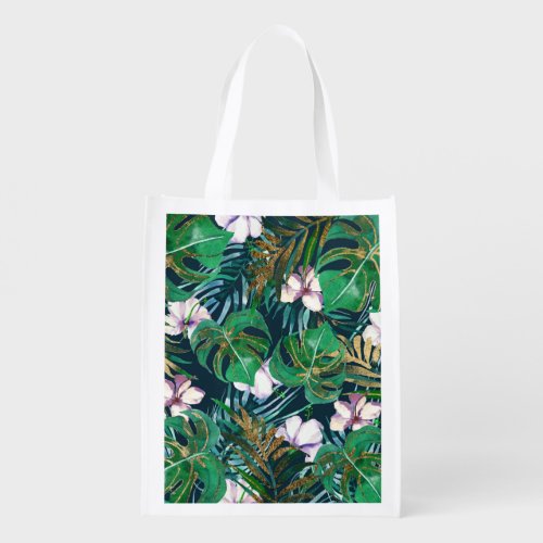 Tropical Green Lilac Gold Monster Leaves Floral Grocery Bag