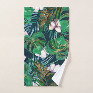 Tropical Green Lilac Gold Monster Leaves Floral Hand Towel