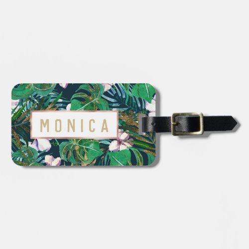 Tropical Green Lilac Gold Monster Leaves Floral Luggage Tag