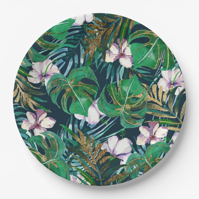 Tropical Green Lilac Gold Monster Leaves Floral Paper Plates (Front)