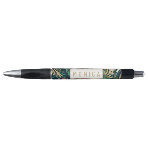 Tropical Green Lilac Gold Monster Leaves Floral Pen