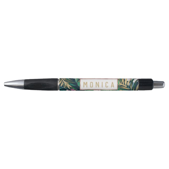 Tropical Green Lilac Gold Monster Leaves Floral Pen (Front)