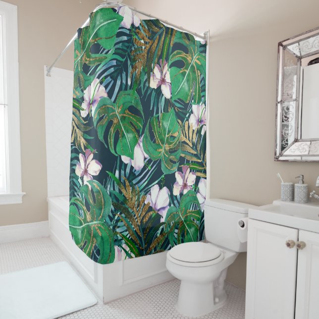 Tropical Green Lilac Gold Monster Leaves Floral Shower Curtain (In Situ)