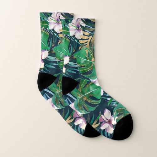 Tropical Green Lilac Gold Monster Leaves Floral Socks