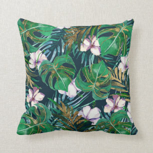 Tropical Green Lilac Gold Monster Leaves Floral Throw Pillow