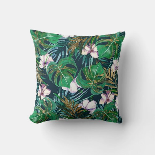 Tropical Green Lilac Gold Monster Leaves Floral Throw Pillow