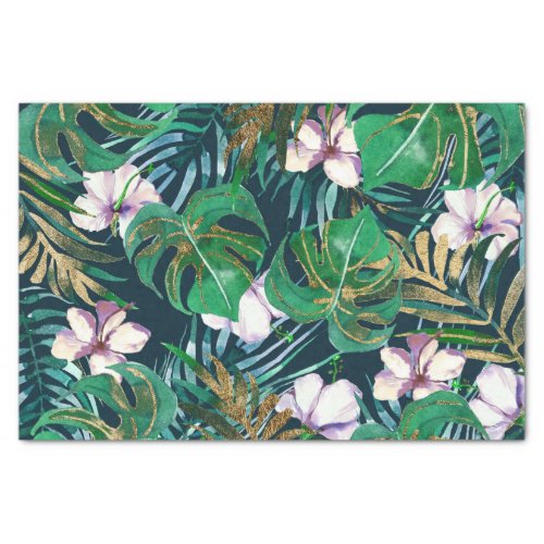 Tropical Green Lilac Gold Monster Leaves Floral Tissue Paper