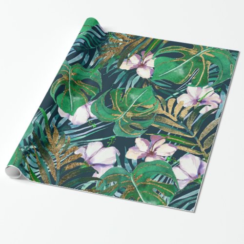 Tropical Green Lilac Gold Monster Leaves Floral Wrapping Paper