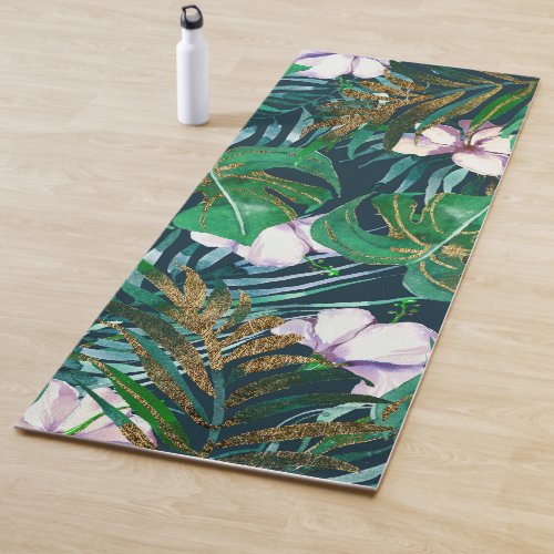 Tropical Green Lilac Gold Monster Leaves Floral Yoga Mat