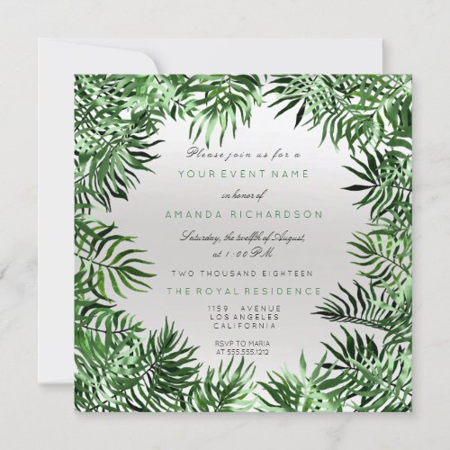 Tropical Green Mint Gray Palm Leafs Frame Fern Invitation