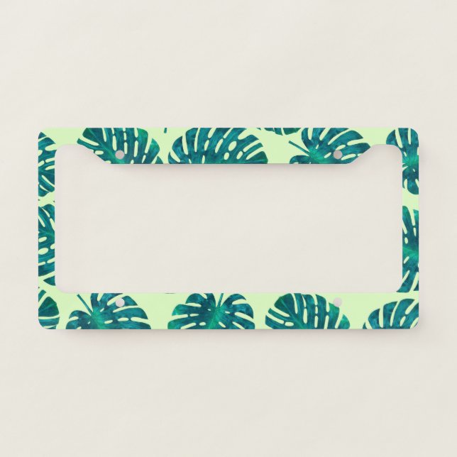 Tropical Green Monstera Deliciosa Leaves Patterns  License Plate Frame (Front)