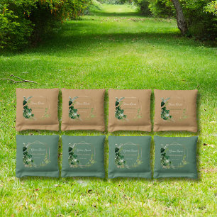 Tropical Green Monstera Gold Frame Aesthetic Cornhole Bags