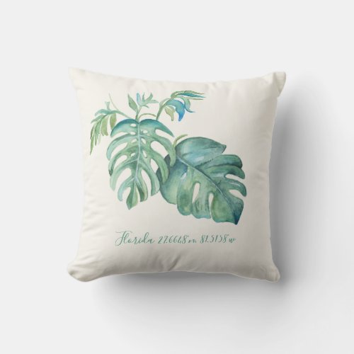Tropical Green Monstera Leaf and Map Coordinates Outdoor Pillow