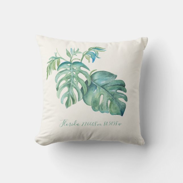 Tropical Green Monstera Leaf and Map Coordinates Outdoor Pillow (Front)