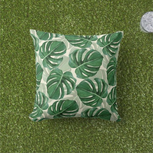 Tropical Green Monstera Leaves Pattern Summer Outdoor Pillow