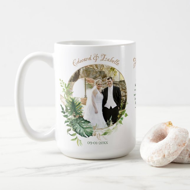 Tropical Green Monstera Leaves Photo Wedding Favor Coffee Mug (With Donut)