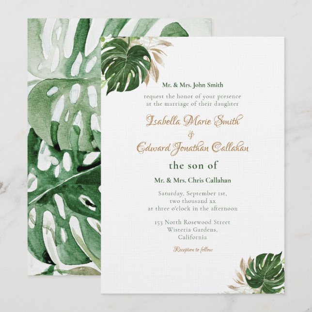 Tropical Green Monstera Leaves Watercolor Art Invitation (Front/Back)