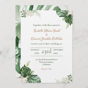Tropical Green Monstera Leaves Watercolor Wedding Invitation