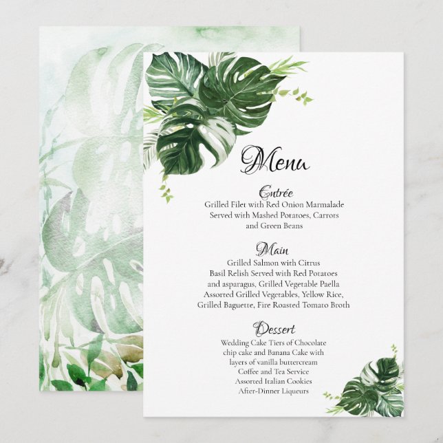 Tropical Green Monstera Leaves Wedding Menu (Front/Back)