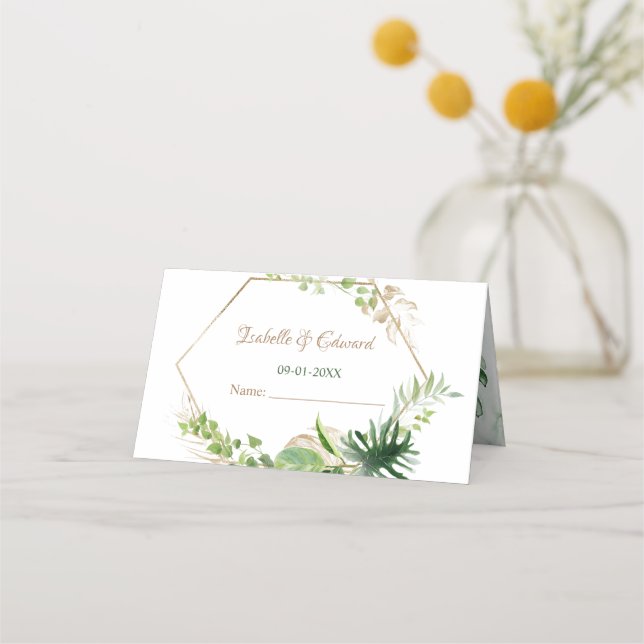 Tropical Green Monstera Leaves Wedding Reception Place Card (Front)