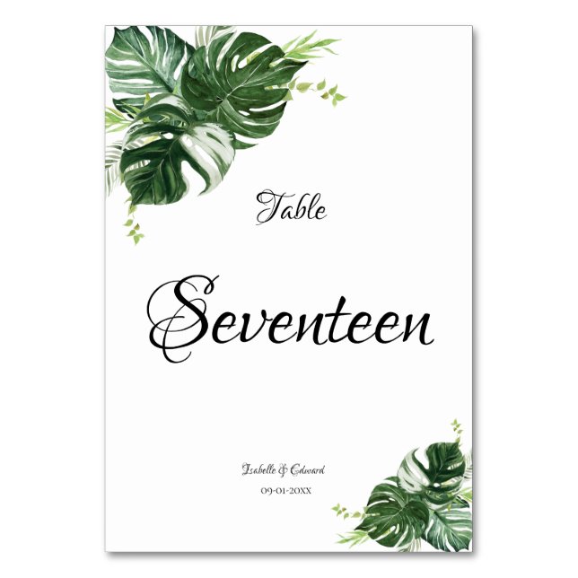 Tropical Green Monstera Leaves Wedding Table Number (Front)