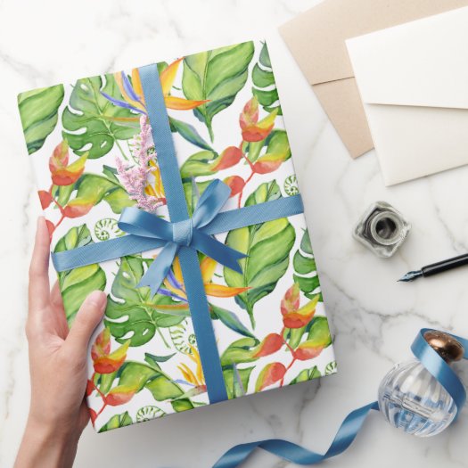 Tropical Green Monstera & Orange Leaves Watercolor Wrapping Paper