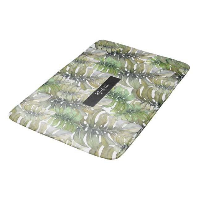 Tropical Green Monstera Palm Bath Mat (Angled)