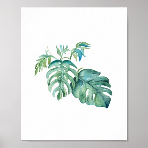 Tropical Green Monstera Palm Leaf Watercolor Poster