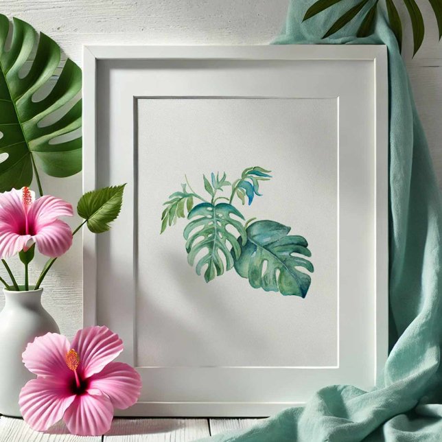 Tropical Green Monstera Palm Leaf Watercolor Poster (Watercolor art monstera palm leaves by Victoria Grigaliunas of Do Tell A Belle)