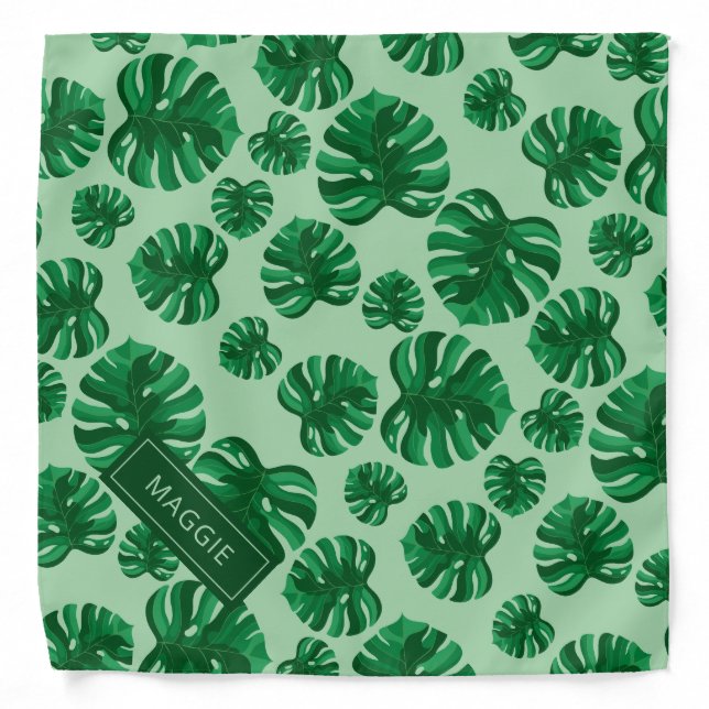 Tropical Green Monstera Palm Leaves & Custom Name Bandana (Front)