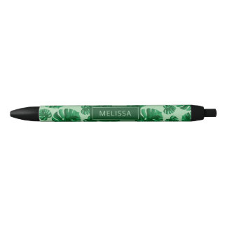 Tropical Green Monstera Palm Leaves & Custom Name Black Ink Pen