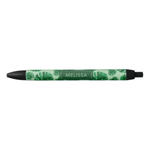 Tropical Green Monstera Palm Leaves  Custom Name Black Ink Pen