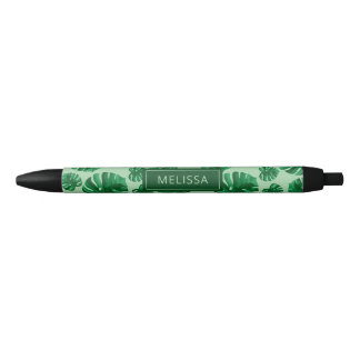 Tropical Green Monstera Palm Leaves & Custom Name Pen