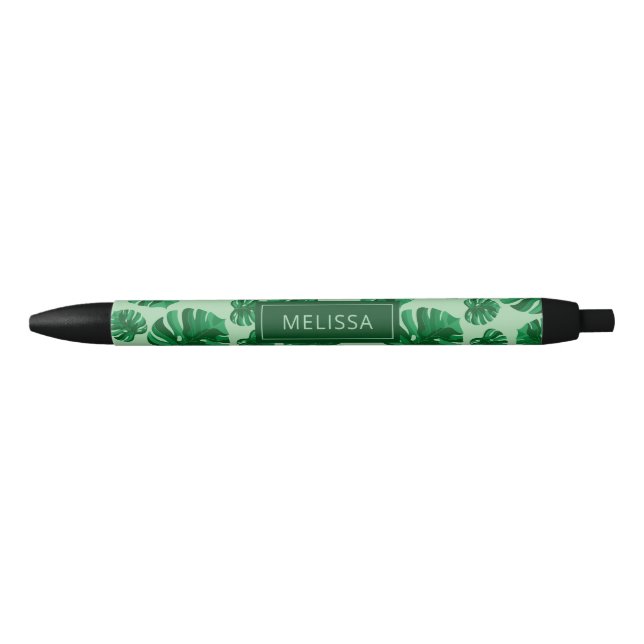 Tropical Green Monstera Palm Leaves & Custom Name Pen (Front)