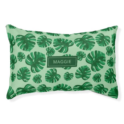 Tropical Green Monstera Palm Leaves  Custom Name Pet Bed