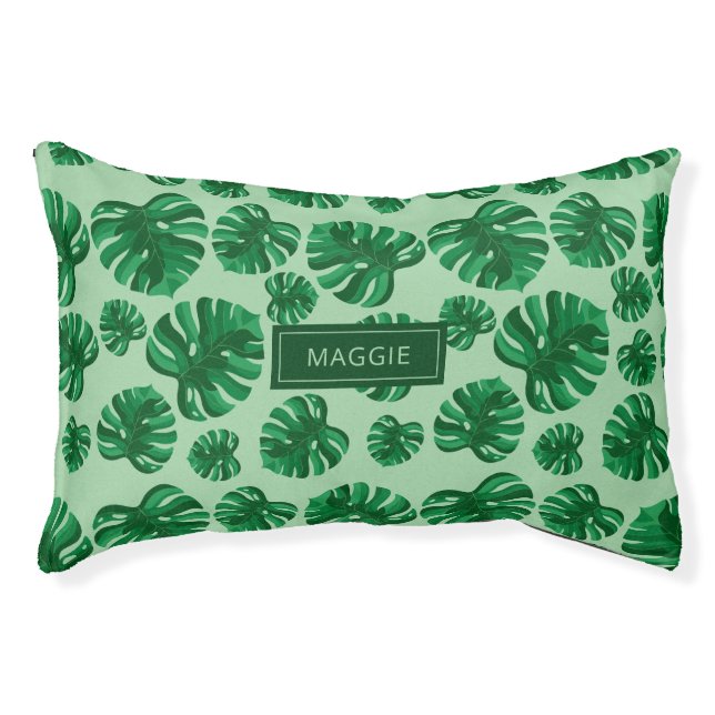Tropical Green Monstera Palm Leaves & Custom Name Pet Bed (Front)