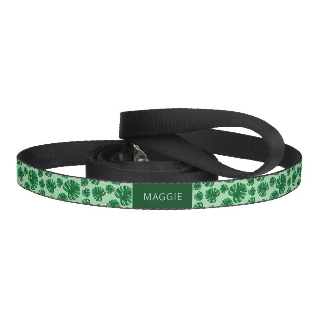 Tropical Green Monstera Palm Leaves & Custom Name Pet Leash (Handle)