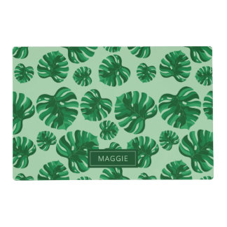 Tropical Green Monstera Palm Leaves & Custom Name Placemat