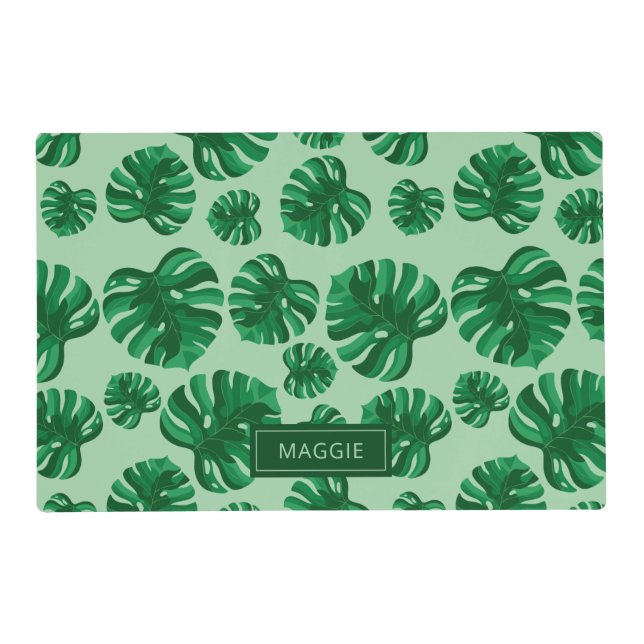 Tropical Green Monstera Palm Leaves & Custom Name Placemat (Front)