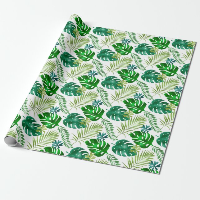 Tropical Green Monstera Palm Leaves Jungle Safari Wrapping Paper (Unrolled)