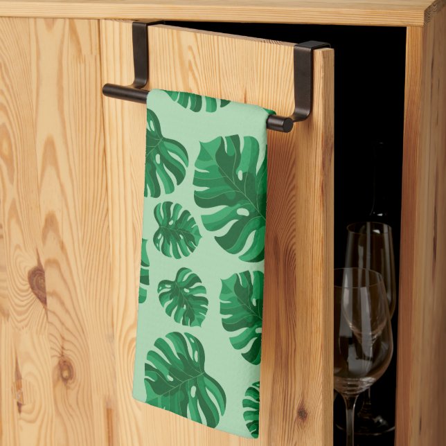 Tropical Green Monstera Palm Leaves Kitchen Towel (Thirds Fold)