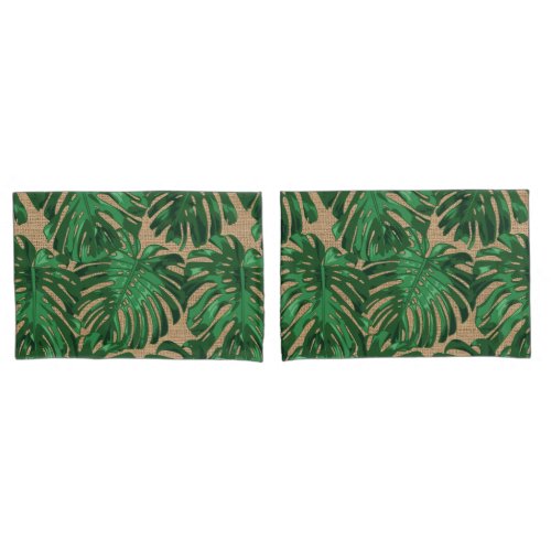 Tropical Green Monstera Palm Leaves on Burlap Pillow Case