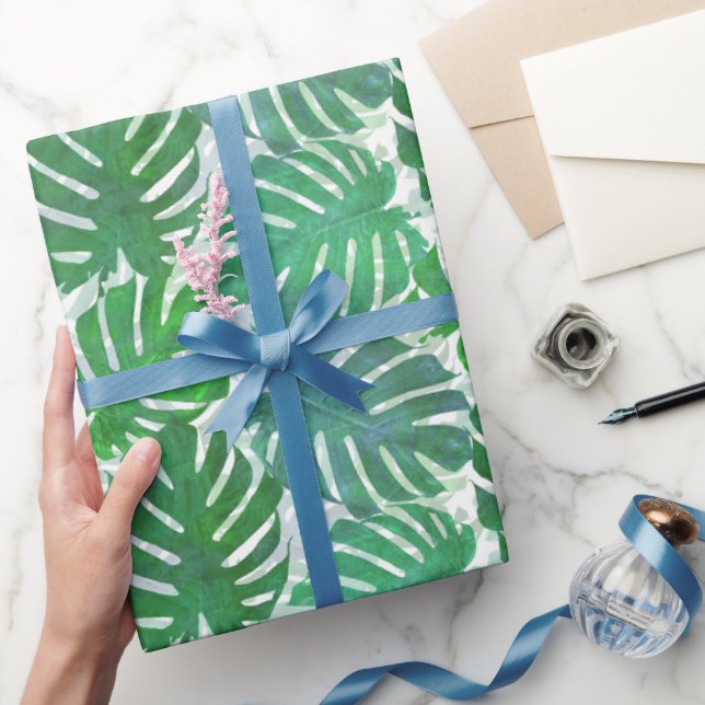 Tropical Green Monstera Palm Leaves Pattern  Wrapping Paper (Gifting)
