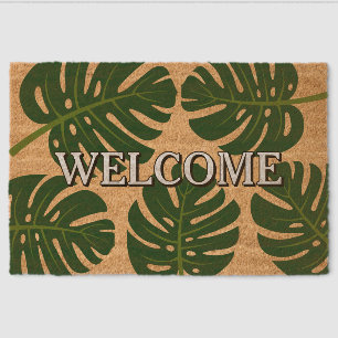 Tropical green monstera palm leaves print custom fiber doormat